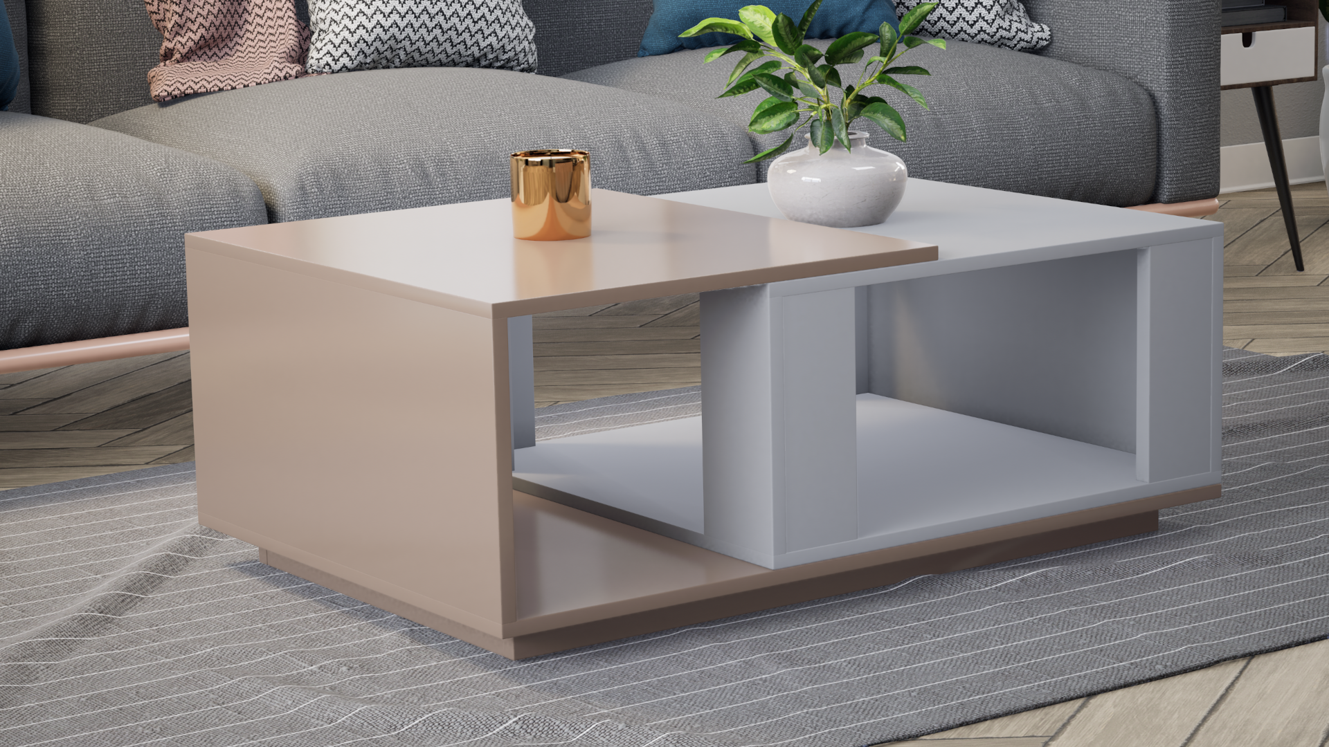 Iris Coffee Table with Open Storage - UV Glossy Pebble Beach and Frosty White - Neehv Home