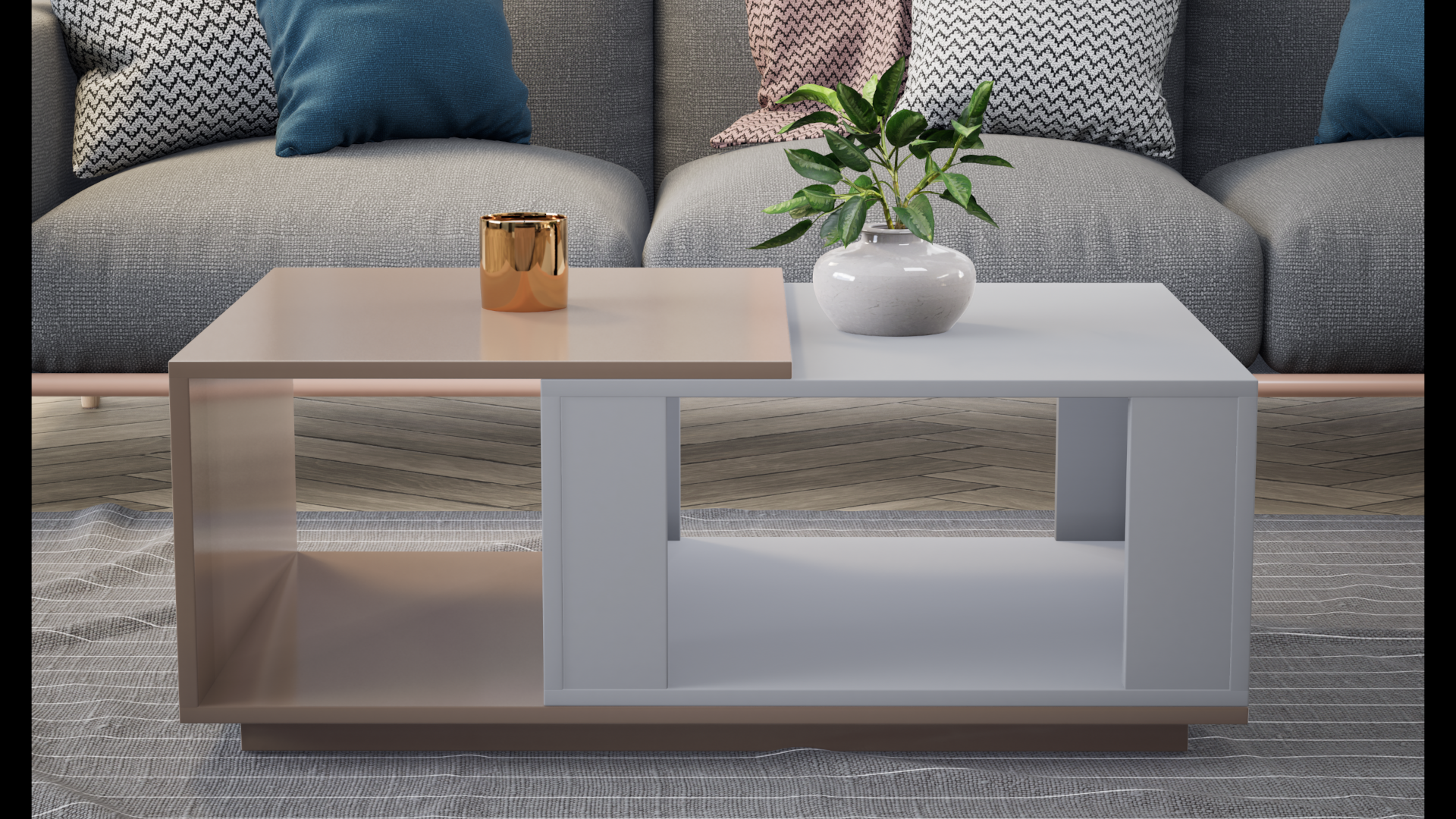 Iris Coffee Table with Open Storage - UV Glossy Pebble Beach and Frosty White - Neehv Home