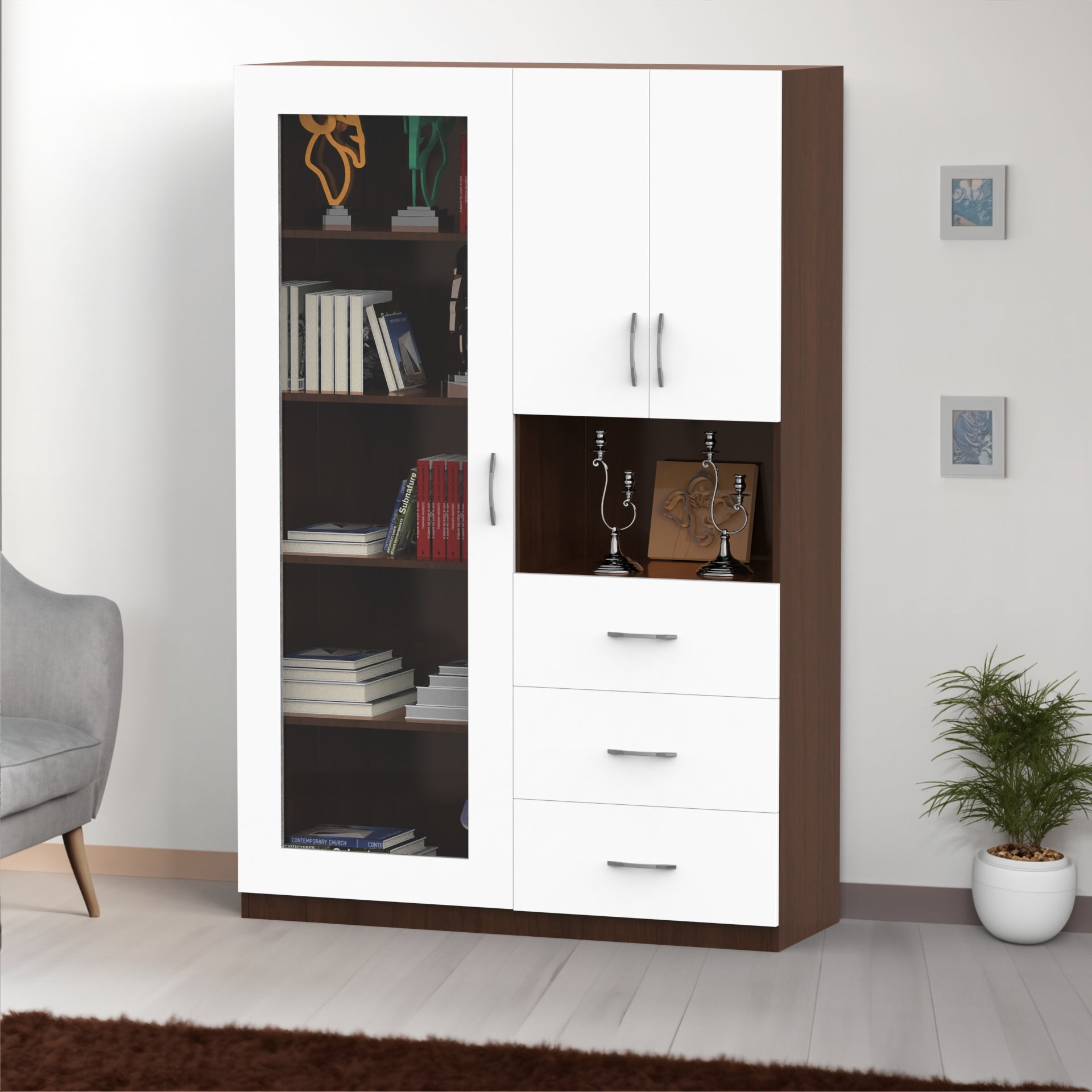 Olivia Bookshelf with Door - Brazilian walnut and Frosty white - Neehv Home