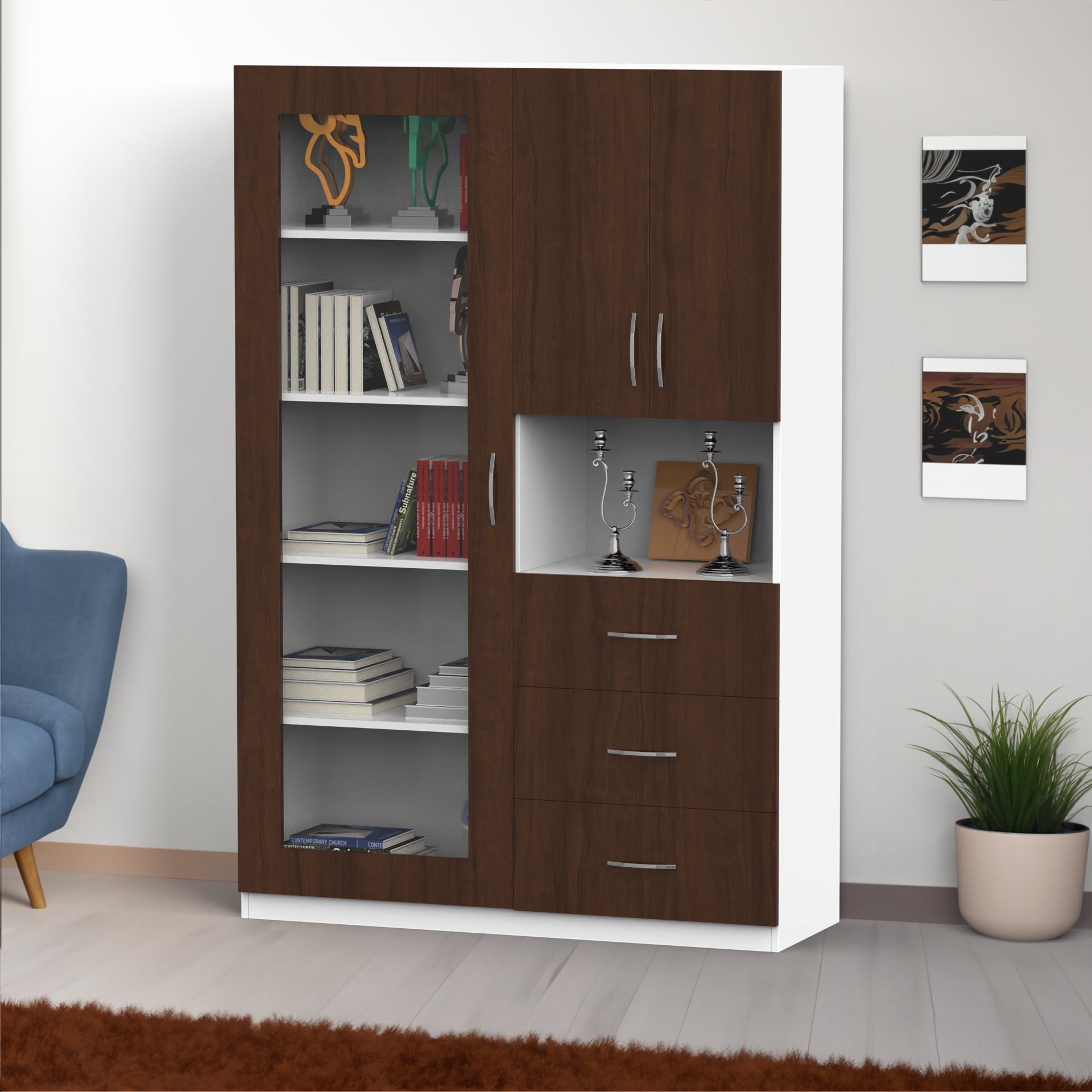 Olivia Bookshelf with Door - Brazilian walnut and Frosty white - Neehv Home