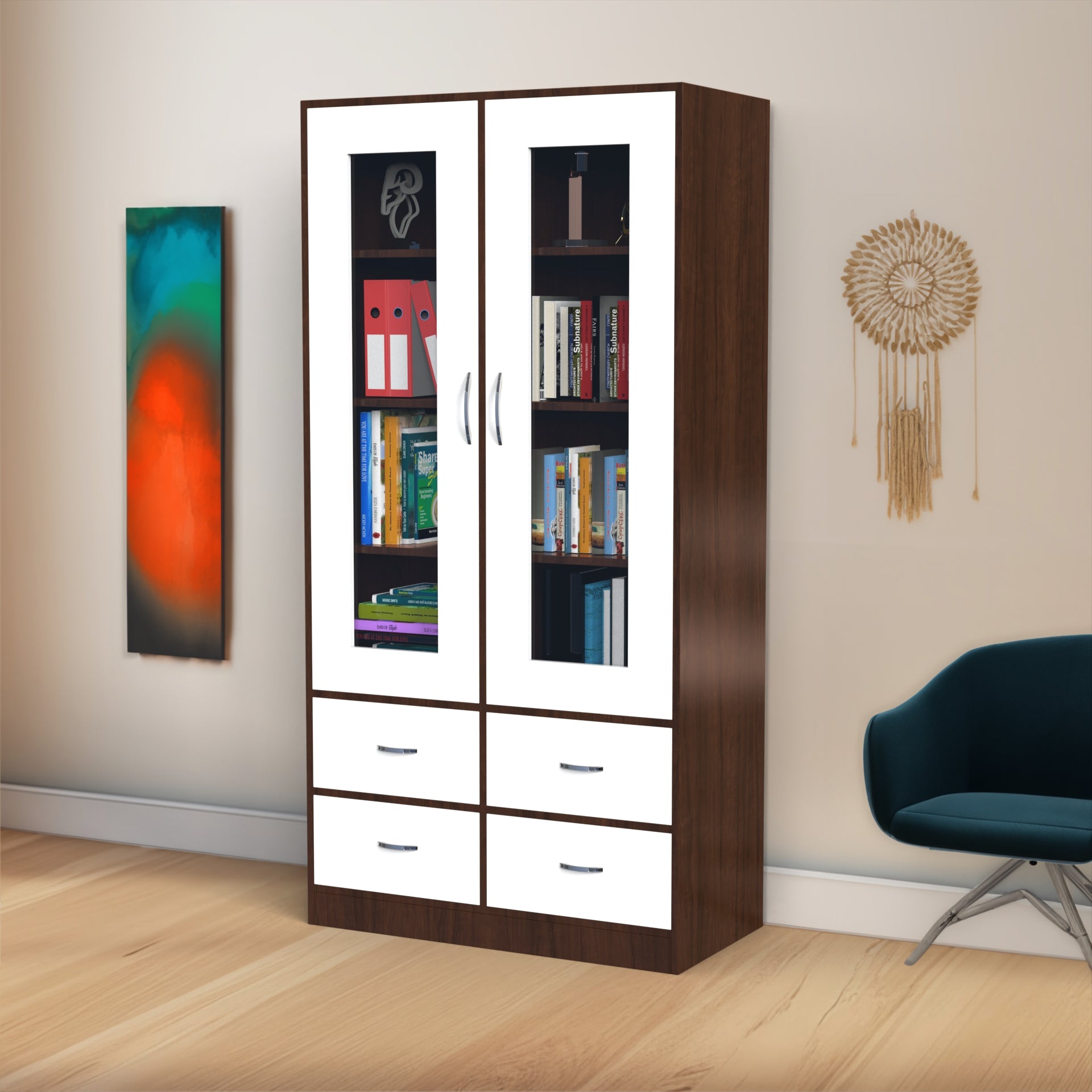 Mia Bookshelf With Door and Drawers - Brazilian walnut and Frosty white - Neehv Home