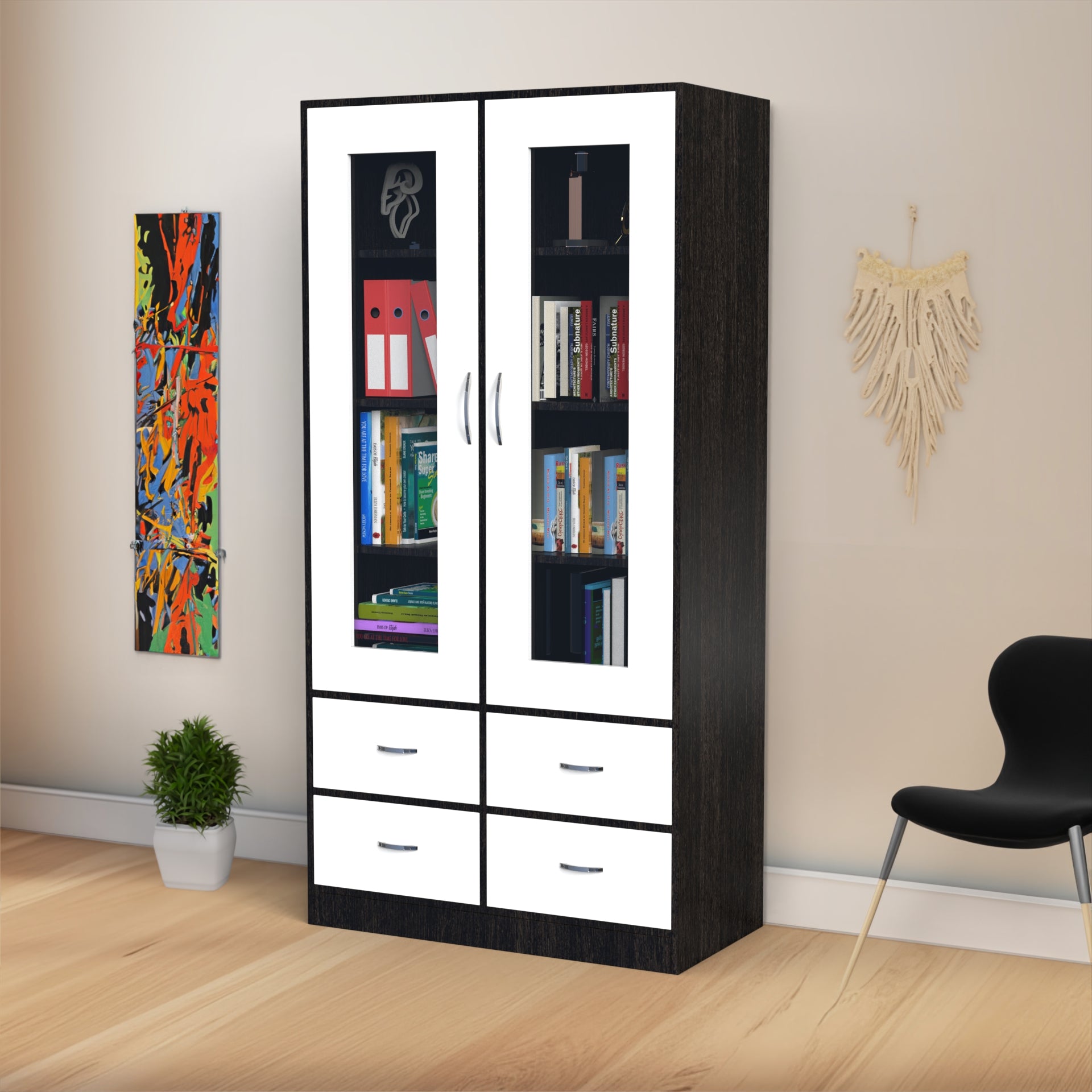 Mia Bookshelf With Door and Drawers - Wenge and Frosty White - Neehv Home