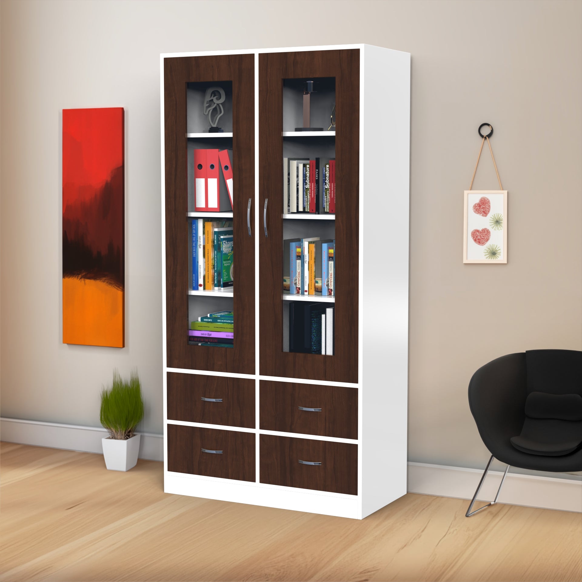 Mia Bookshelf With Door and Drawers - Brazilian walnut and Frosty white - Neehv Home