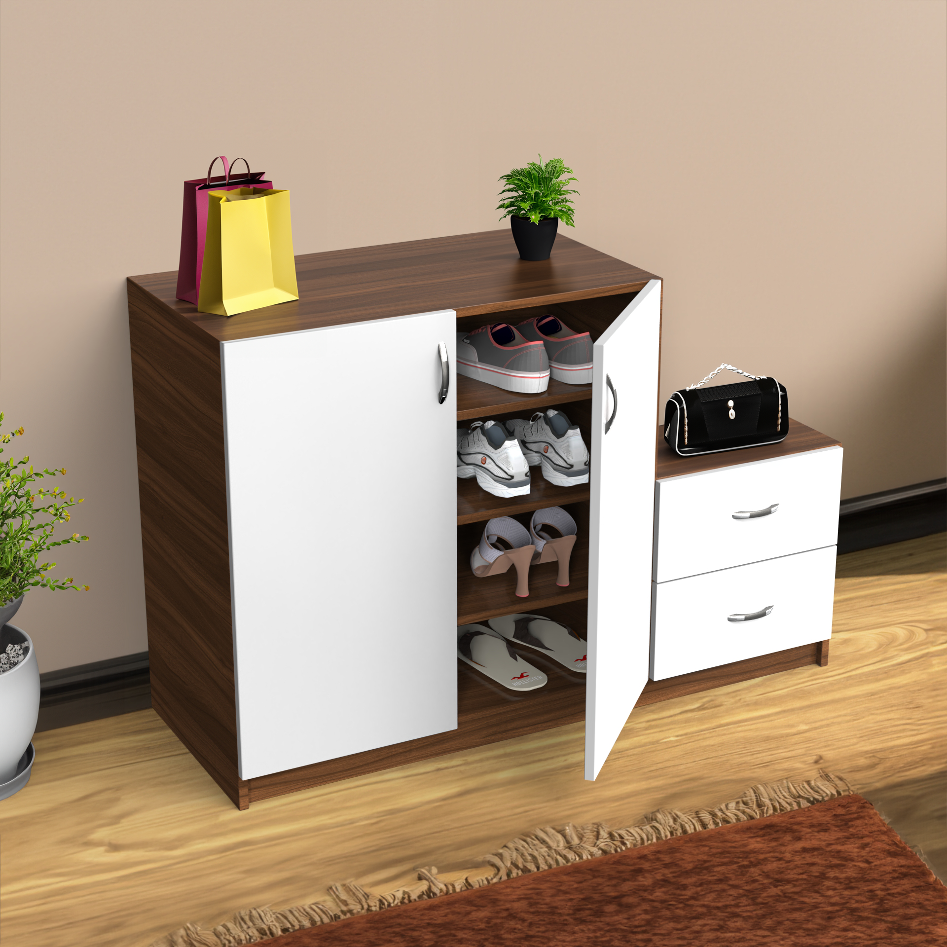 Stride Wooden Shoe Cabinet with Drawers - Frosty White and Classic Walnut - Neehv Home