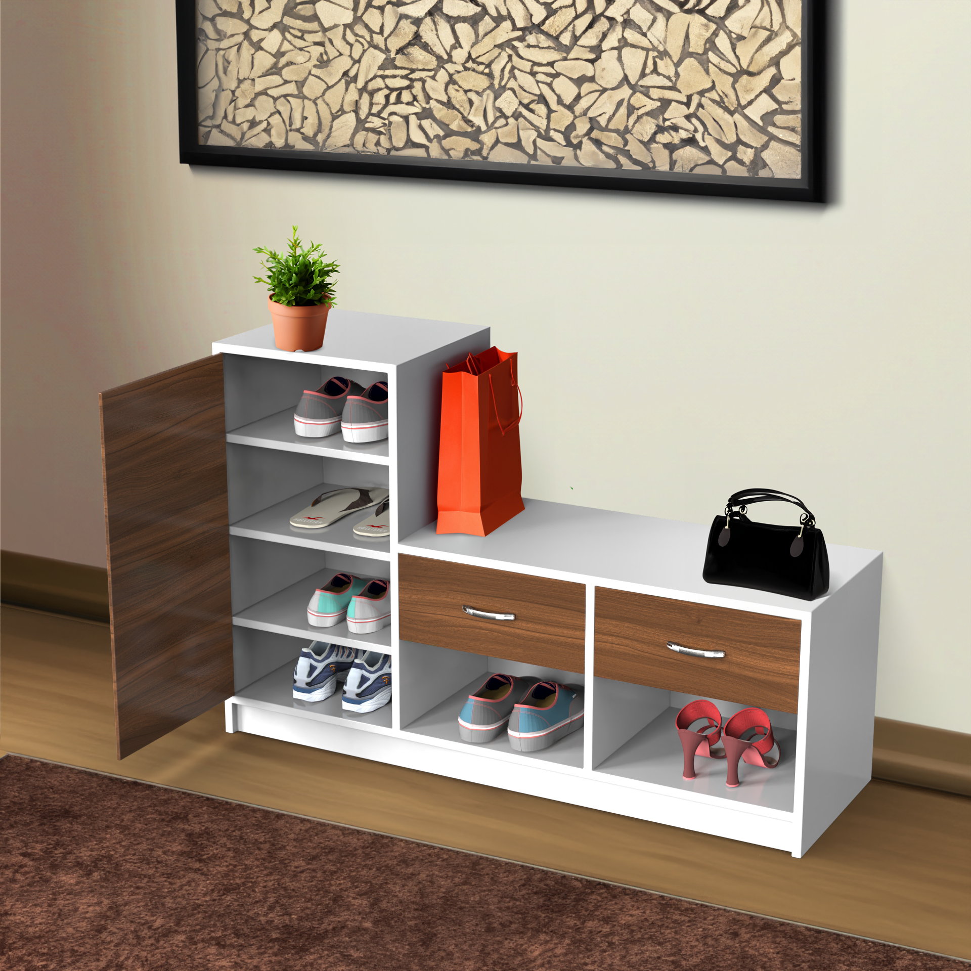 Leap Shoe Cabinet with Drawers - Classic Walnut and Frosty white - Neehv Home