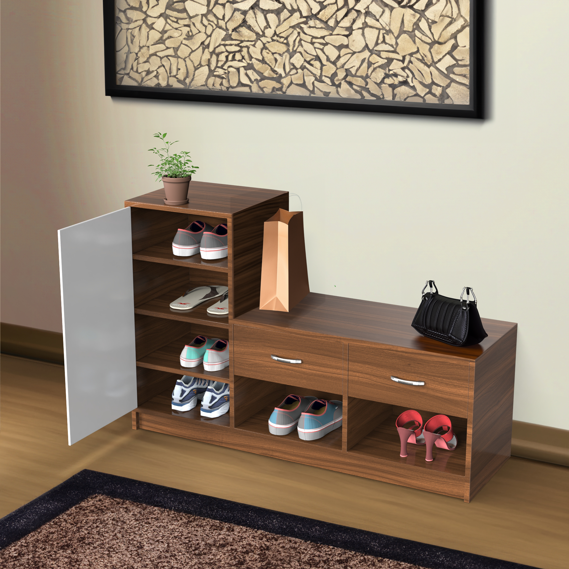 Leap Shoe Cabinet with Drawers - Classic Walnut and Frosty white - Neehv Home