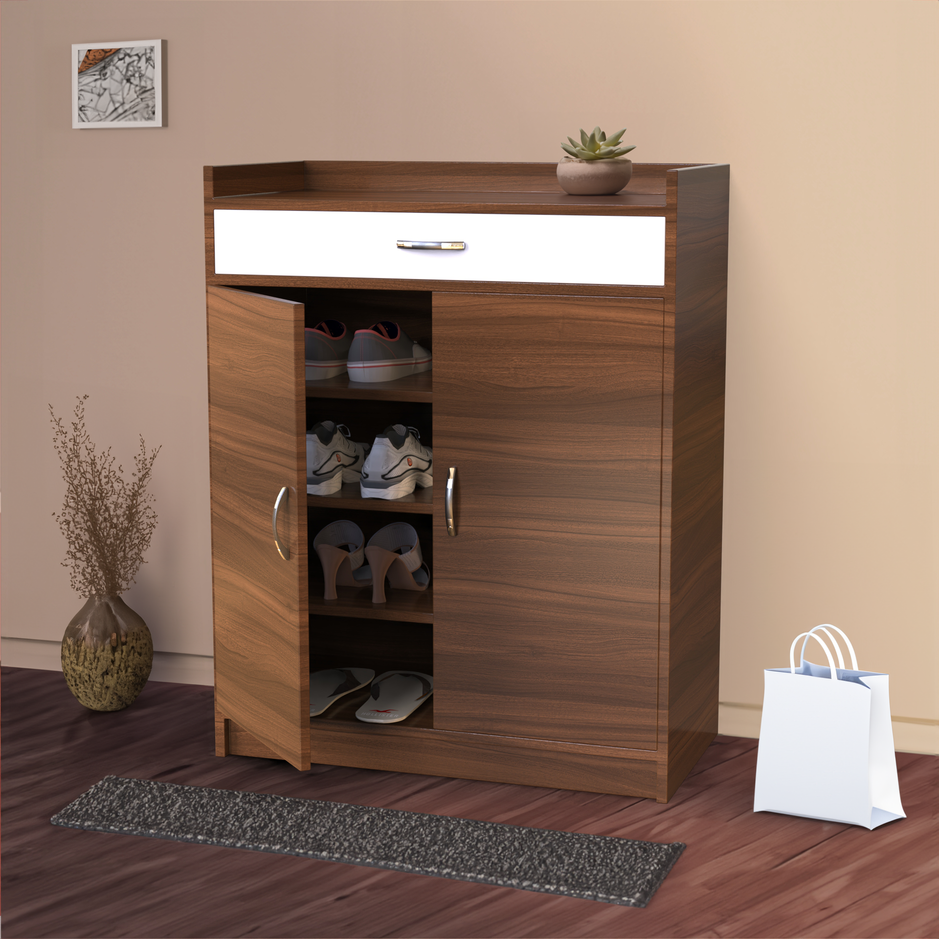 Gallop Wooden Shoe Cabinet - Classic Walnut and Frosty white - Neehv Home