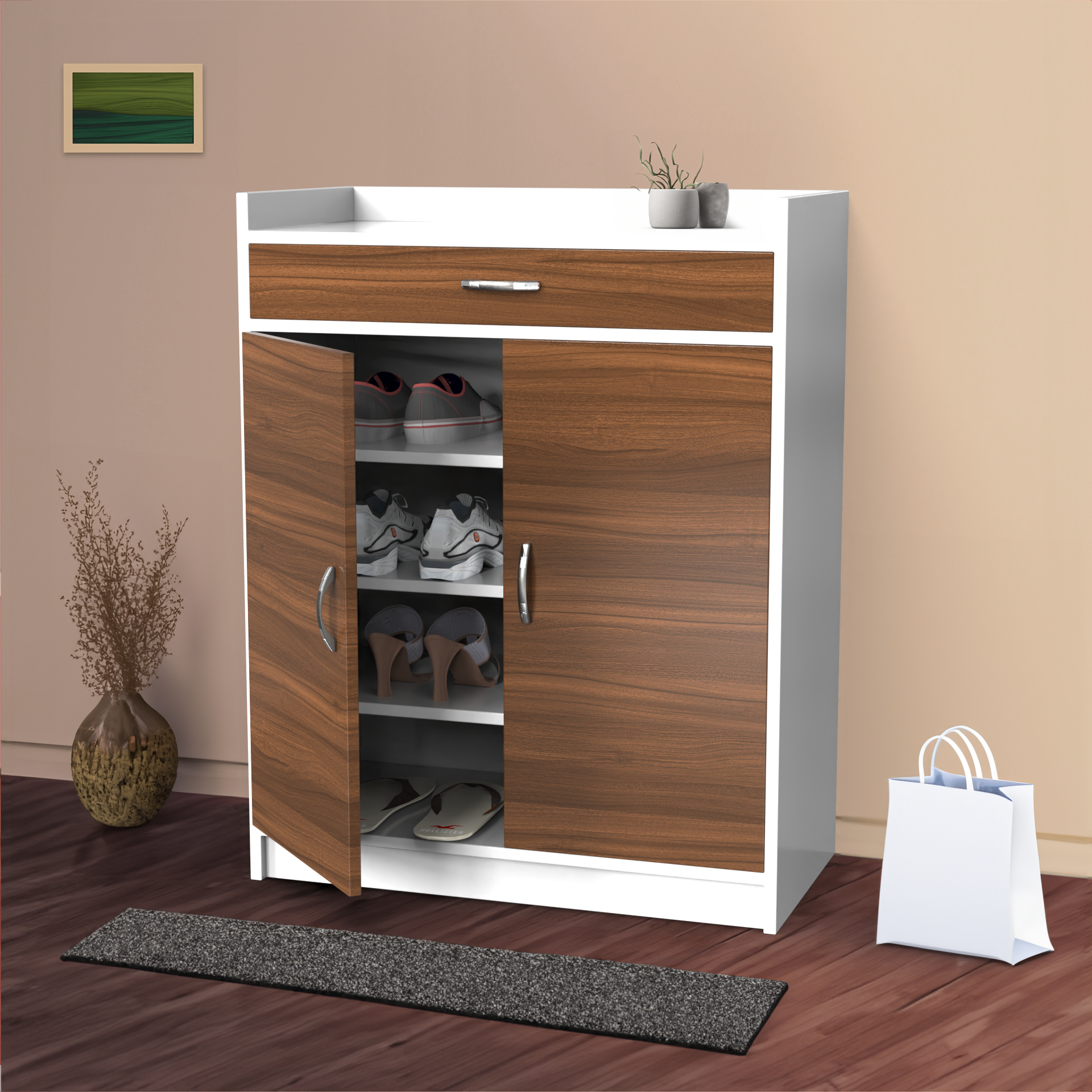 Gallop Wooden Shoe Cabinet - Classic Walnut and Frosty white - Neehv Home