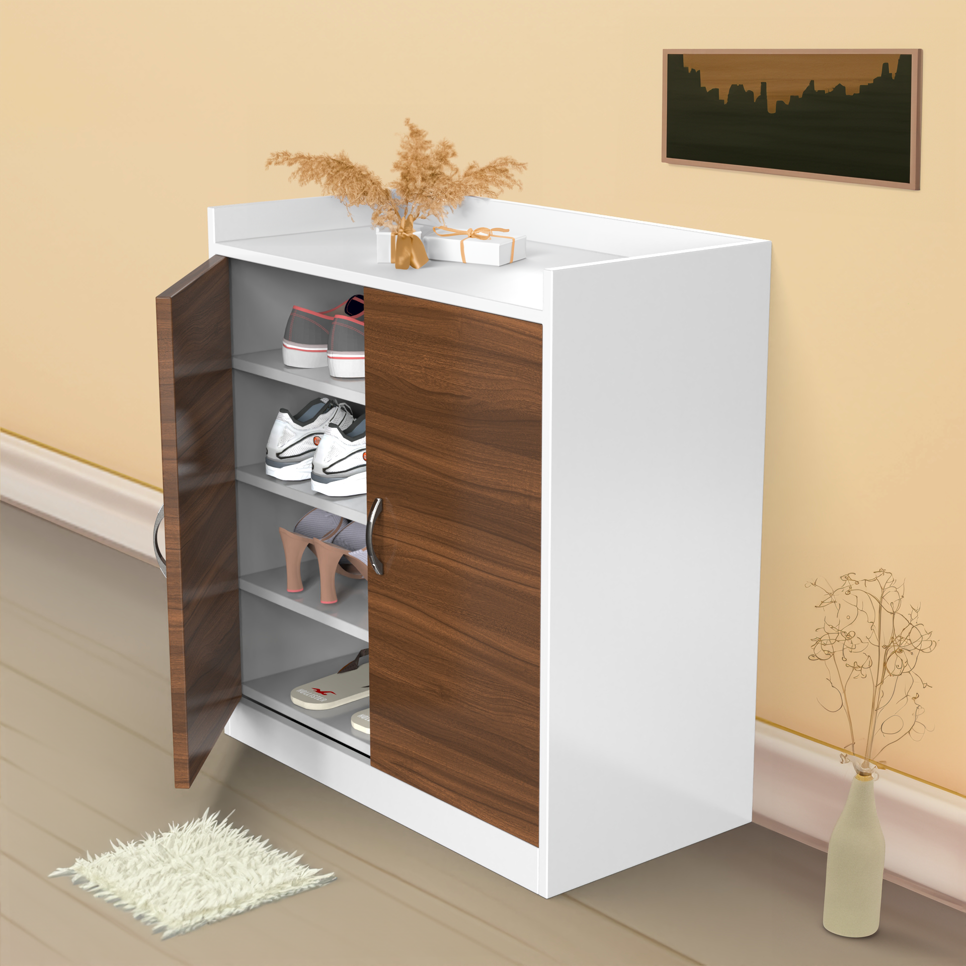 Dexter Wooden Shoe Cabinet - Classic Walnut and Frosty white - Neehv Home