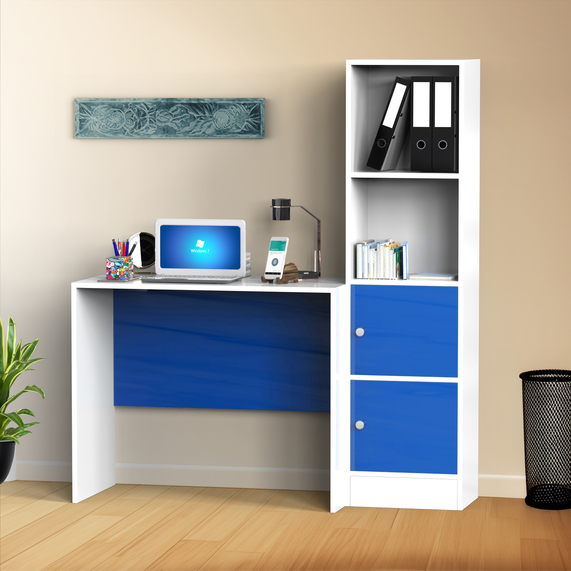 Carter Study Table with Bookshelf (Grande) - HongKong Blue and Frosty White - Neehv Home