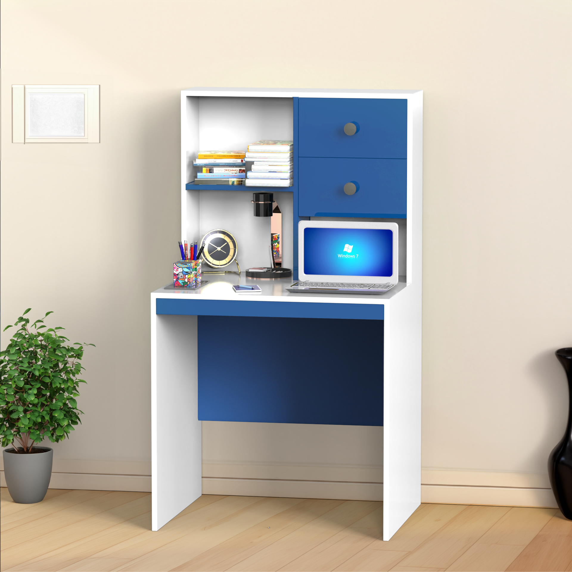 Allen Study Table with Storage - HongKong Blue and Frosty White - Neehv Home