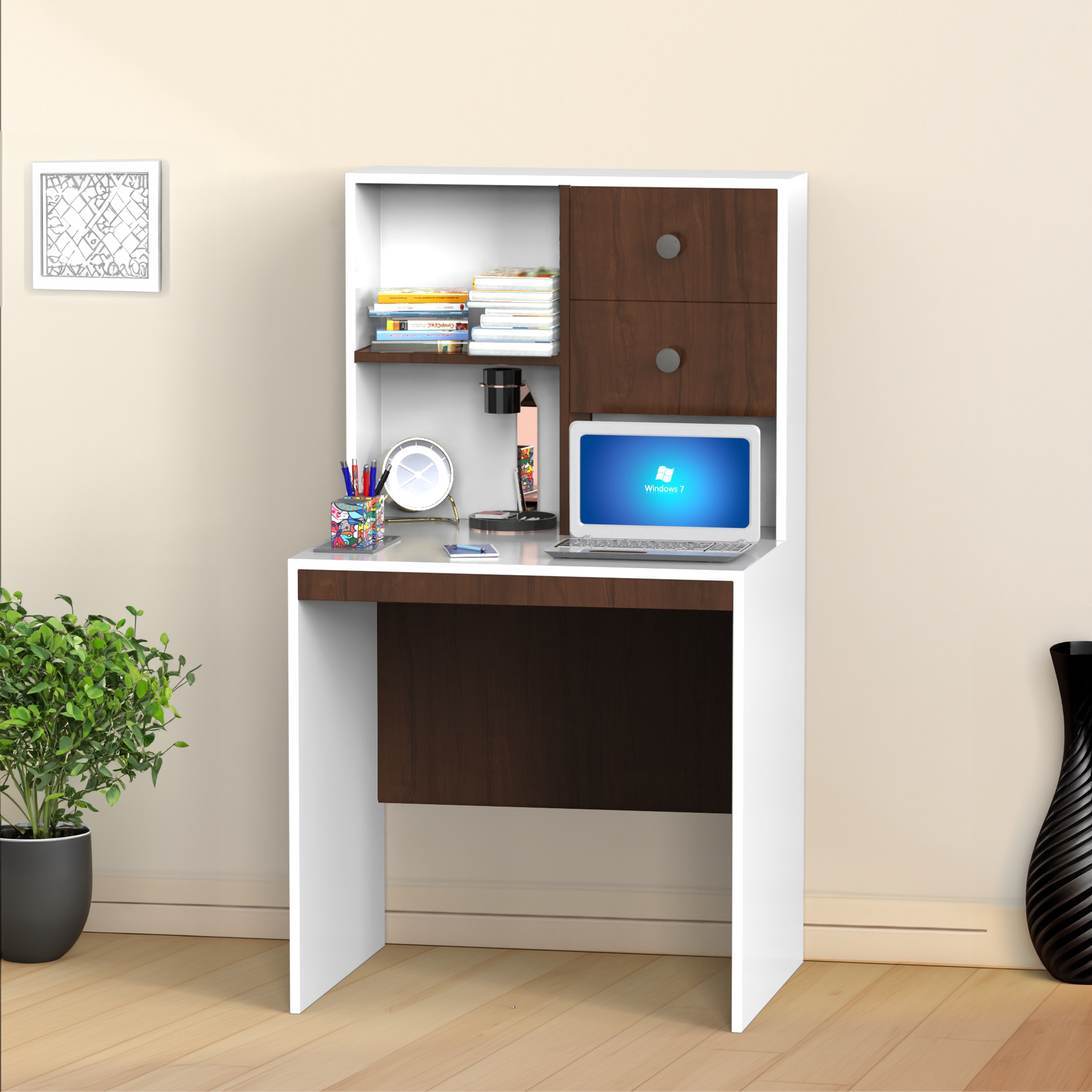 Allen StudyTable with Storage - Brazilian Walnut and Frosty White - Neehv Home