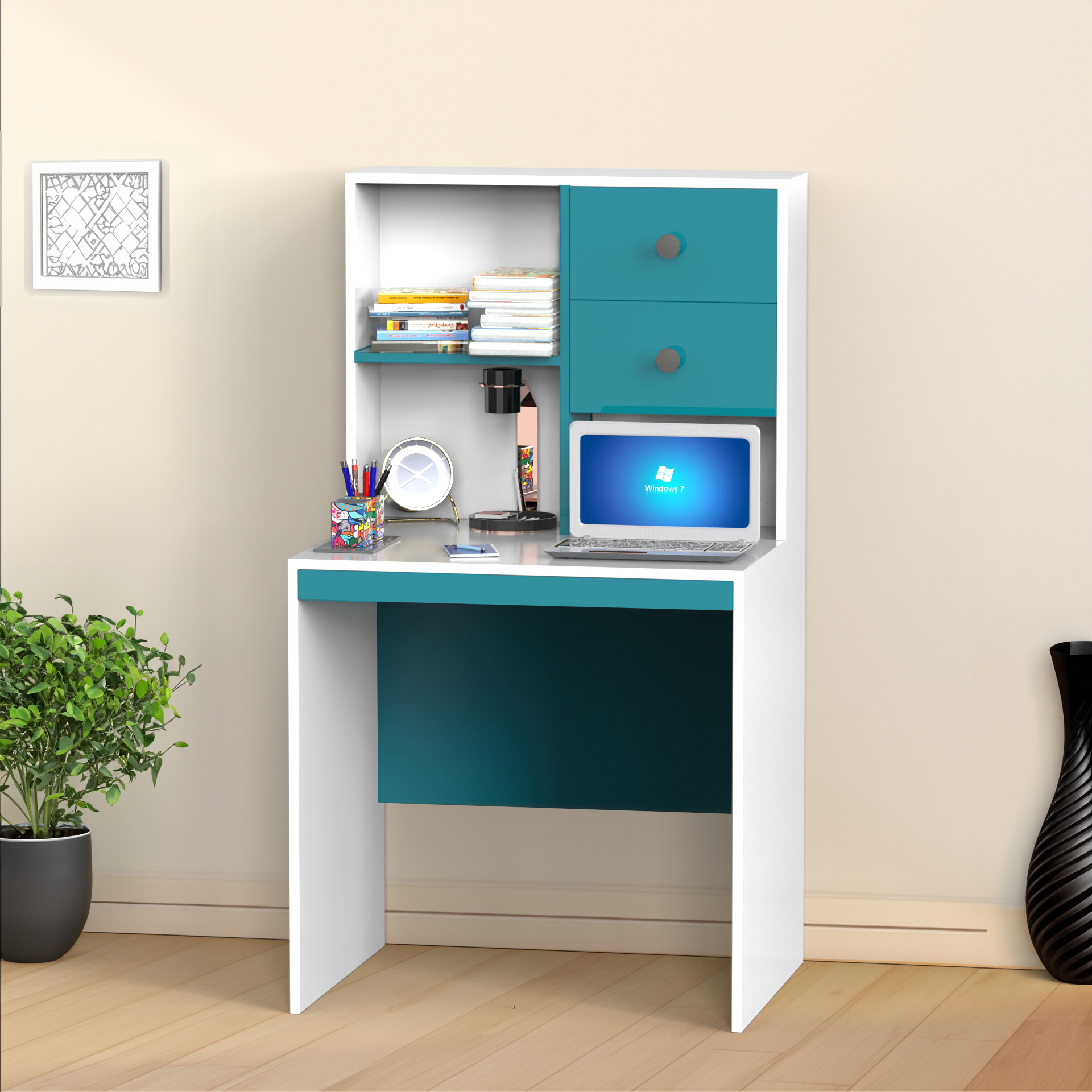 Allen StudyTable with Storage - Caribe and Frosty White - Neehv Home