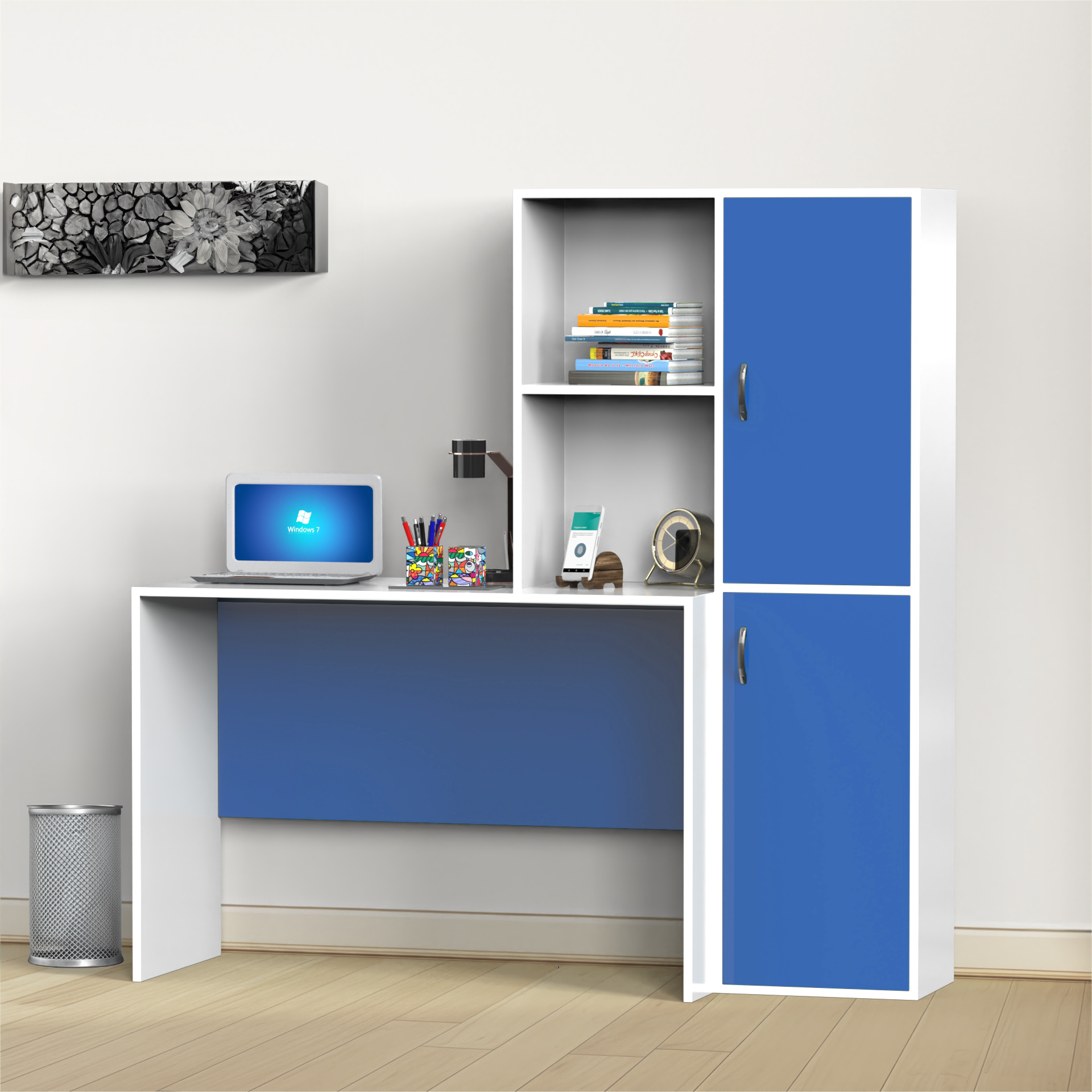 The Darwin Desk with Open Shelves and Cabinets - HongKong Blue and Frosty White - Neehv Home