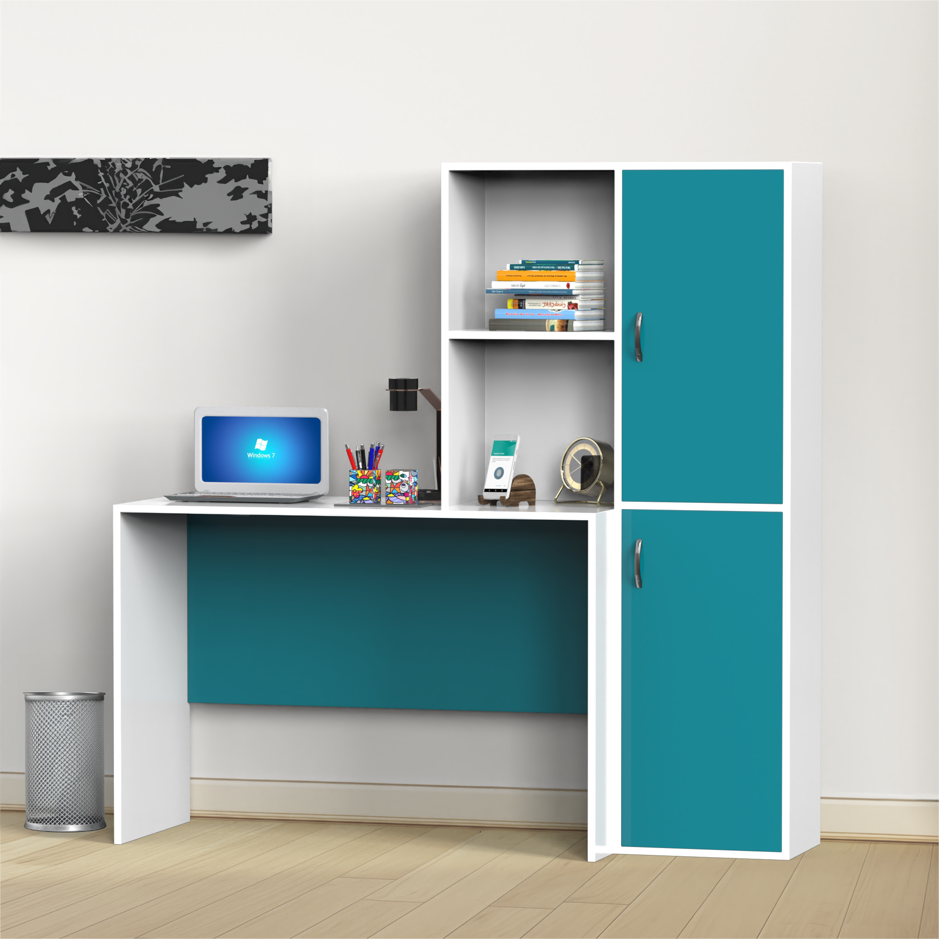 The Darwin Desk with Open Shelves and Cabinets - Caribe and Frosty White - Neehv Home