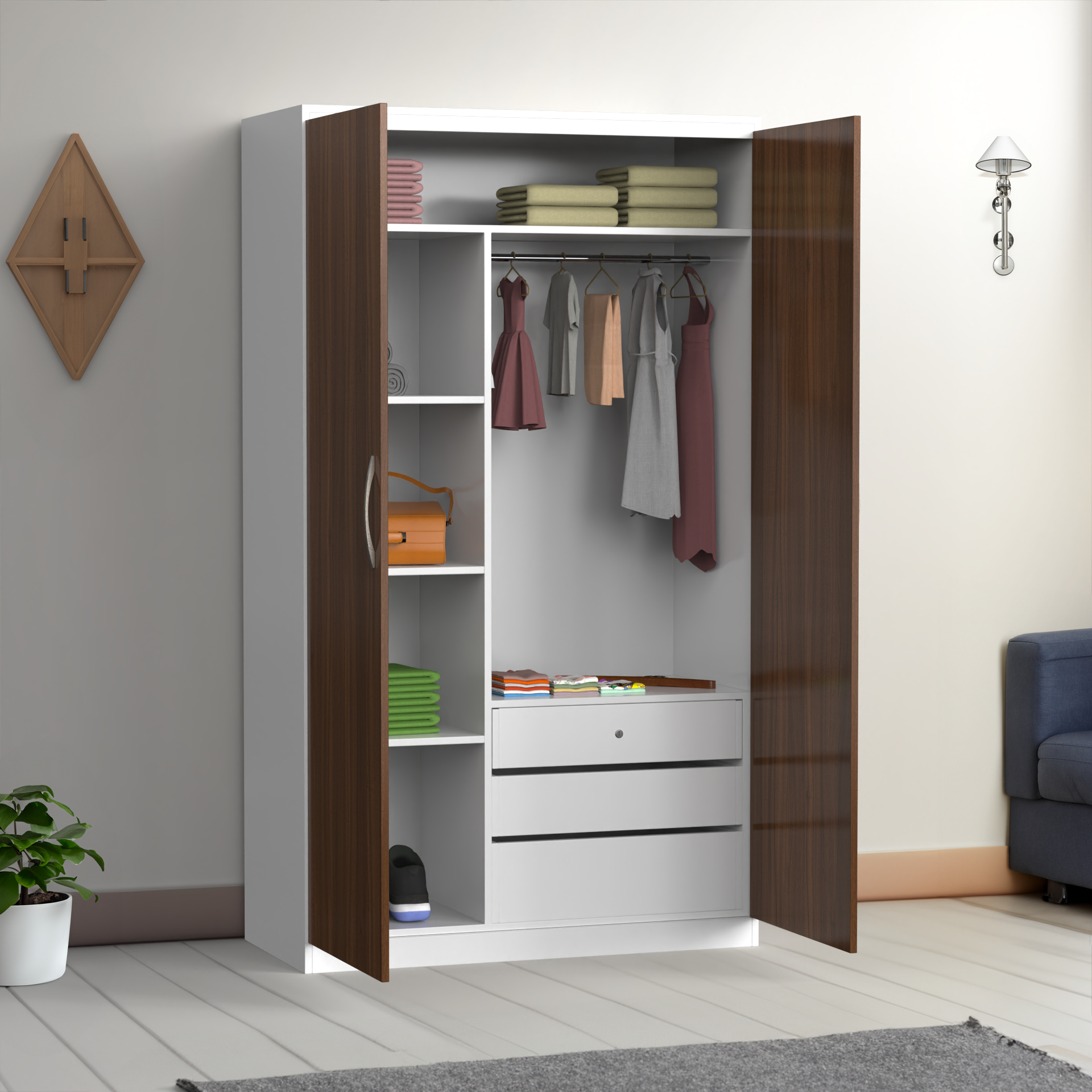 Harmony 2 Door Wardrobe - Classic Walnut and Frosty white - Neehv Home