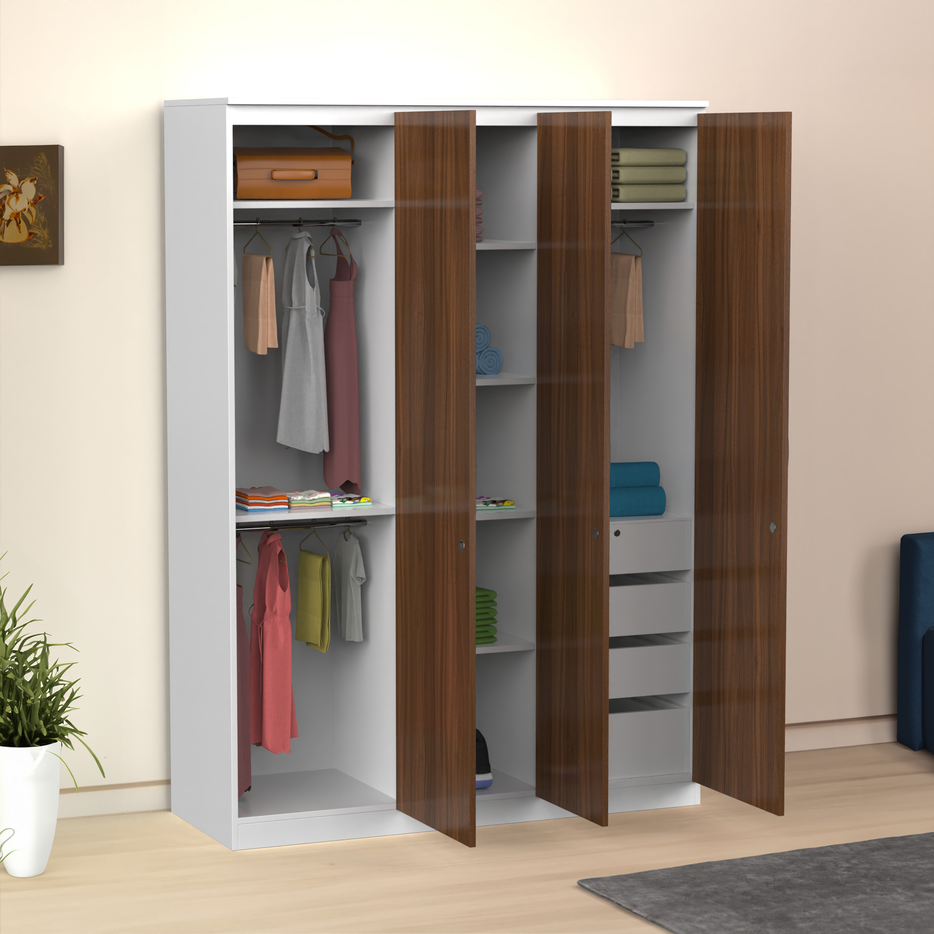 Pacifica 3 Door Wardrobe - Classic Walnut and Frosty white - Neehv Home