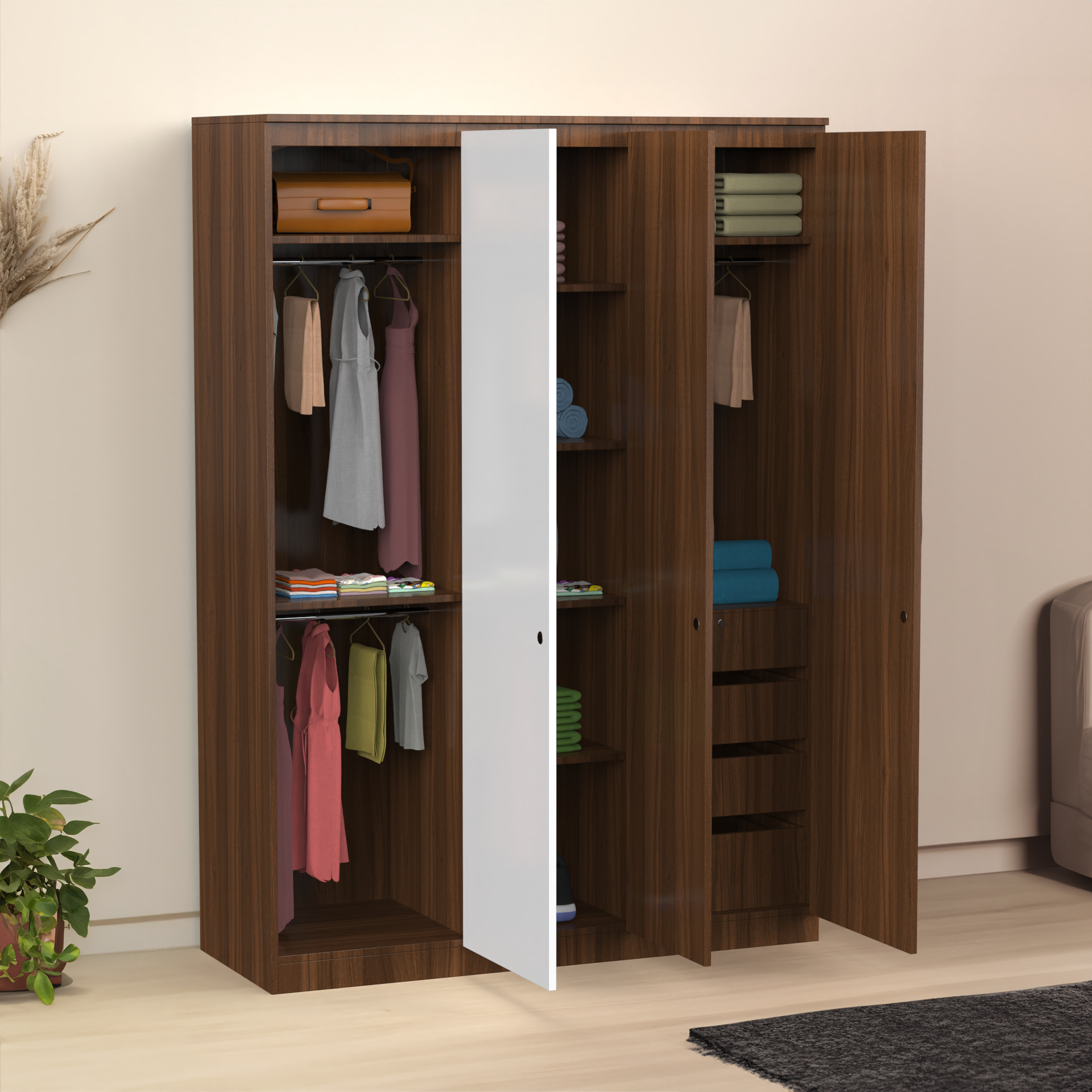 Pacifica 3 Door Wardrobe - Classic Walnut and Frosty white - Neehv Home