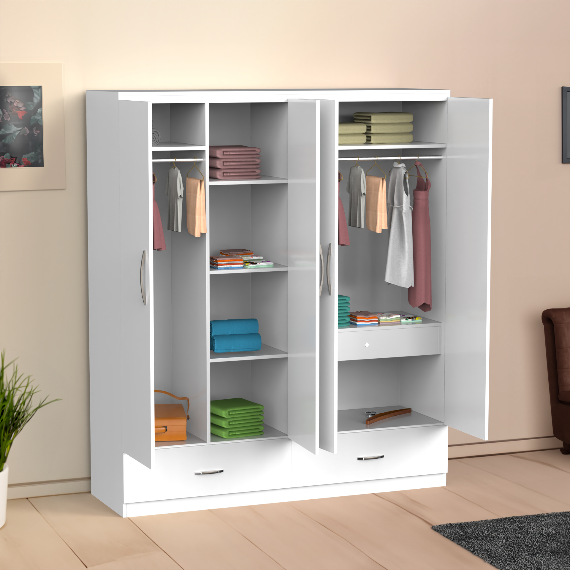 Astra 4 Door Wardrobe With Drawers - Frosty white - Neehv Home