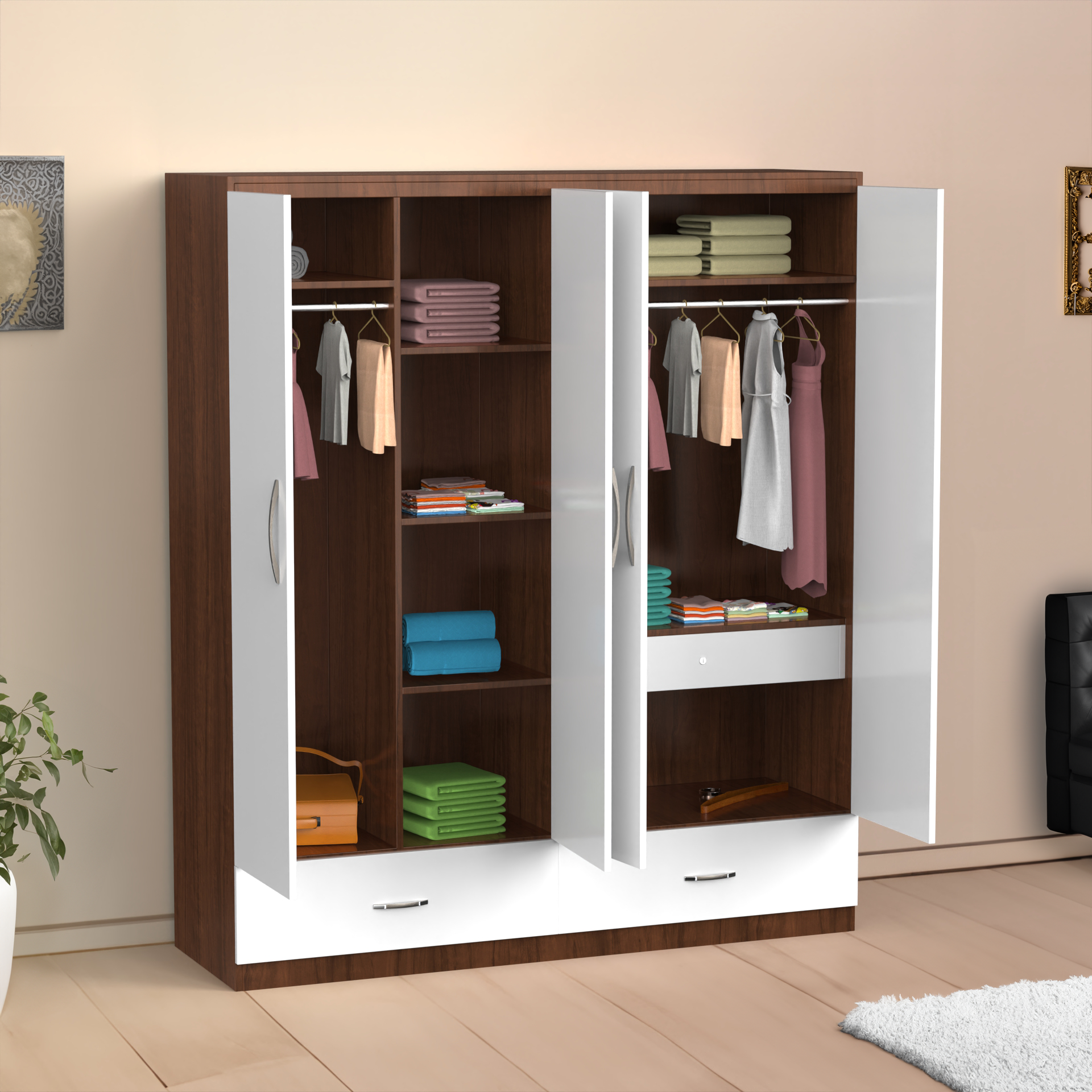 Astra 4 Door Wardrobe With Drawers - Brazilian walnut and Frosty white - Neehv Home