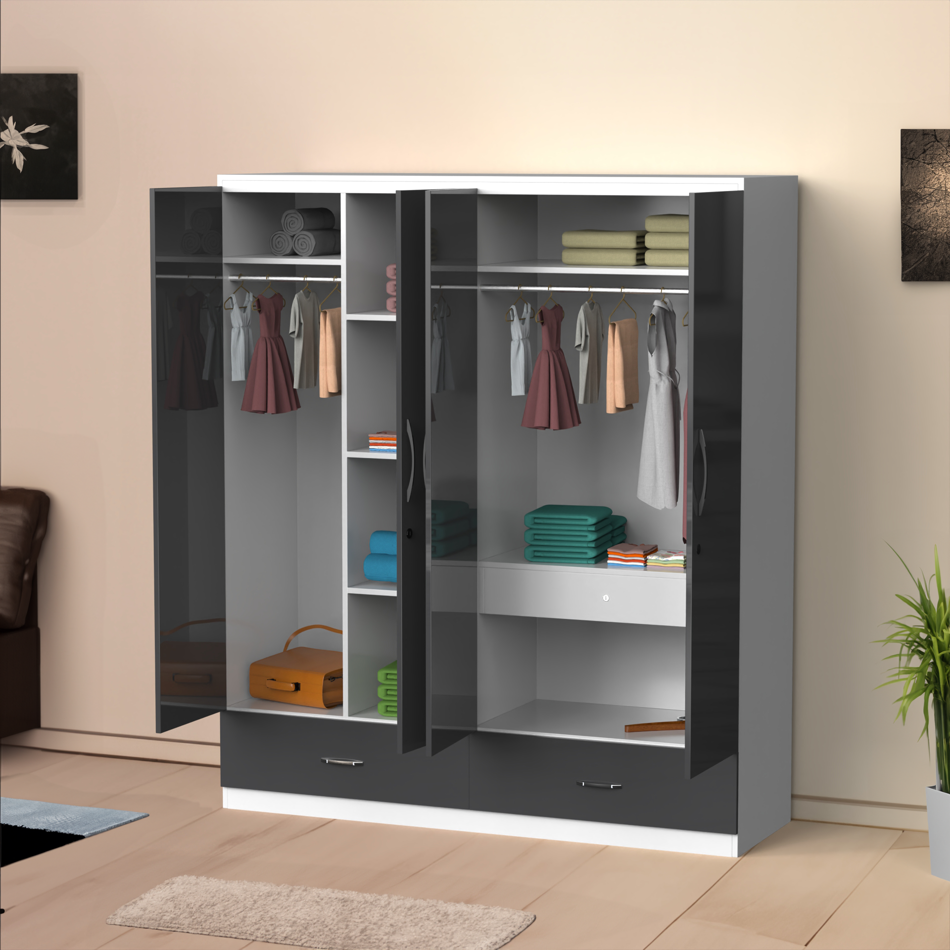 Astra 4 Door Wardrobe With Drawers - UV Slate grey and Frosty white - Neehv Home