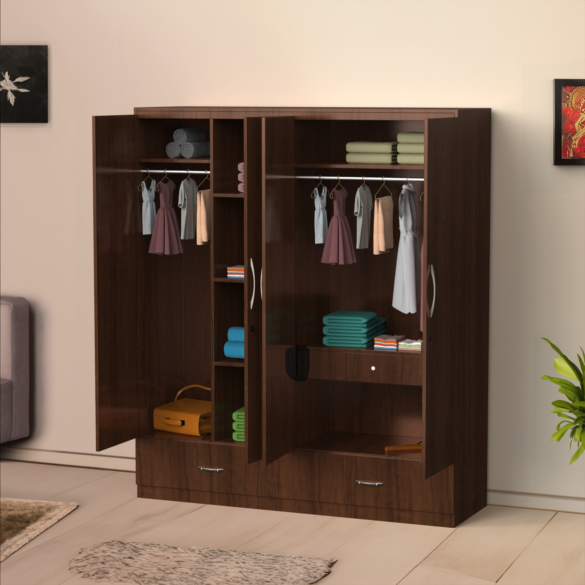 Astra 4 Door Wardrobe With Drawers - Brazilian walnut - Neehv Home