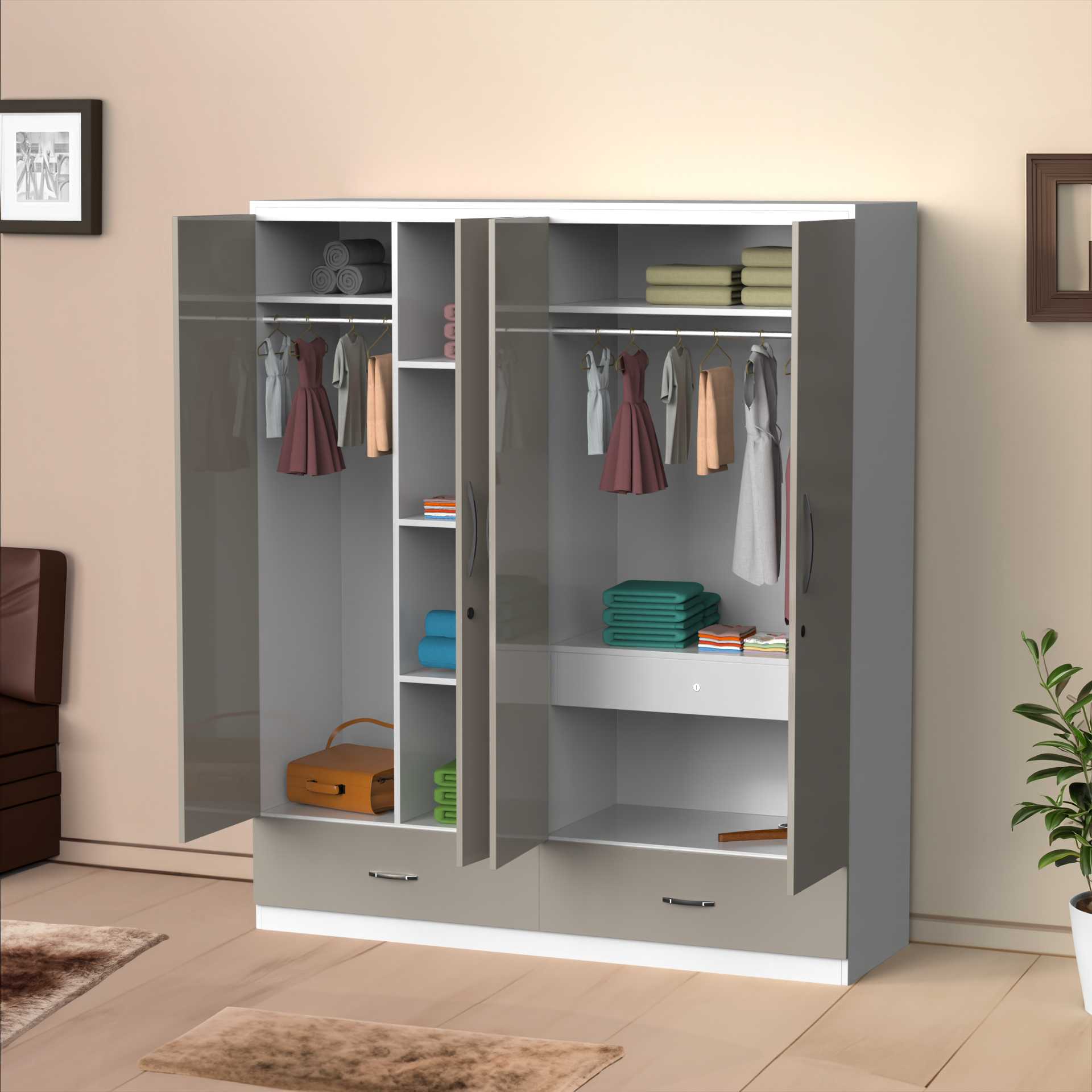 Astra 4 Door Wardrobe With Drawers - UV Pebble Beach and Frosty white - Neehv Home